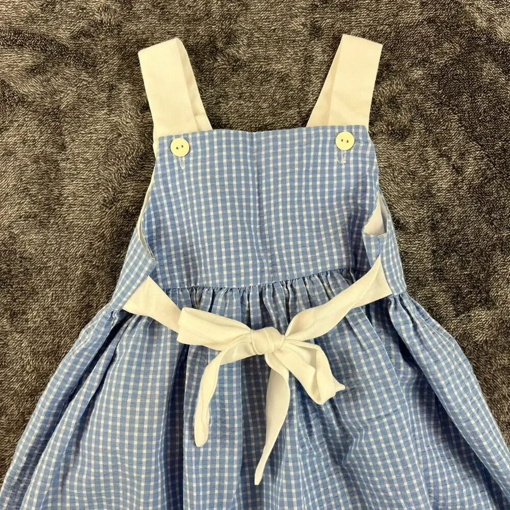 Vtg Little Bitty Gingham Blue Floral Embroidered Dress Sleeveless Girl 4 Tie